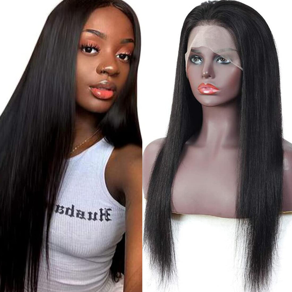 Unisex Black 12 Inch Straight Human Hair Lace Front Wig For Women, 150% Density Brazilian Virgin Hair, Pre Plucked Glueless 4X4 Swiss Lace Closure
