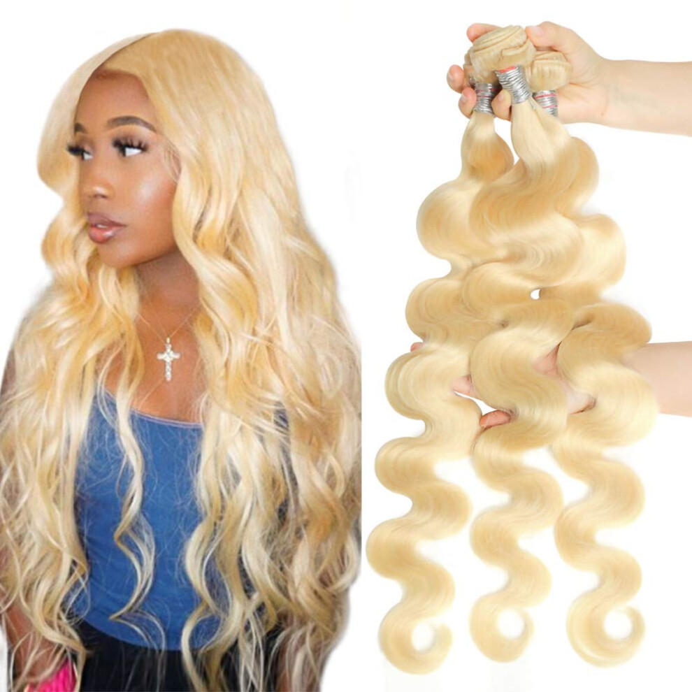 Unisex Brazilian Virgin Human Hair 40 Inch 613 Honey Blonde Body Wave Extensions 3 Bundles Double Weft