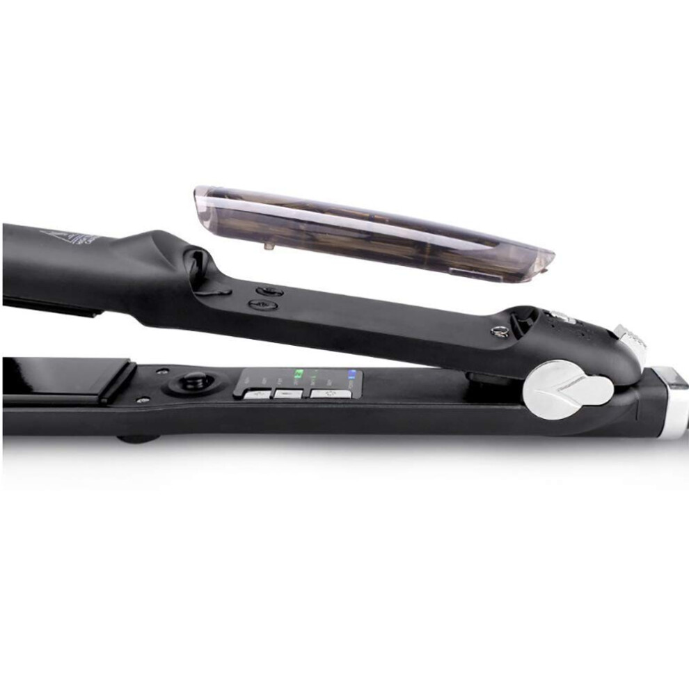 Black Professional Nano Ceramic Steam Hair Straightener With Negative Ion Frizz Control, Dual Voltage