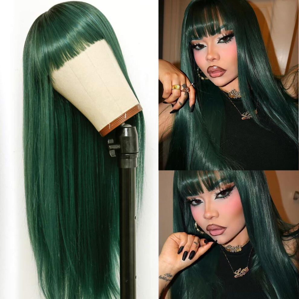 Ombre Green Wig with Bangs Long Straight HeatResistant Synthetic Cosplay Hair for Women 24''