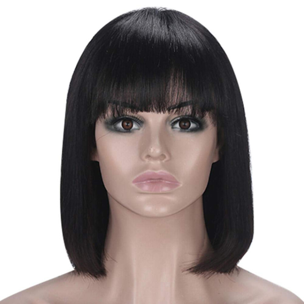 Human Hair Wig with Bangs, Mid Length Kinky Straight, Natural Hairline, Heat Resistant, 8 Inches