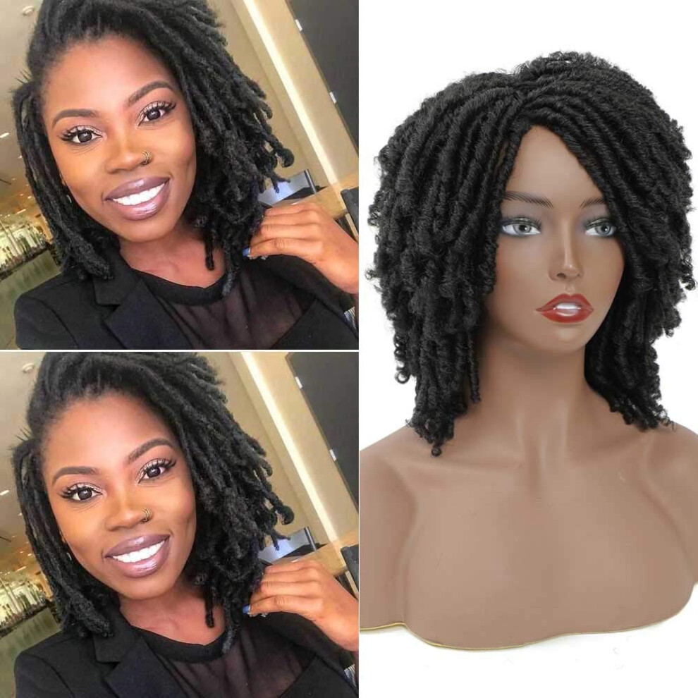 Unisex Black Short Bouncy Curly Dreadlock Wig For Women Heat Resistant Synthetic Crochet Braid (#1B)