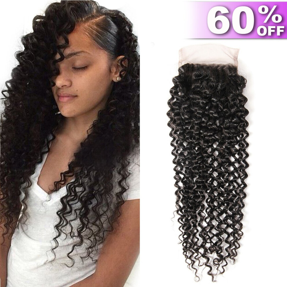 Unisex Black Brazilian Virgin Human Hair Kinky Curly Lace Closure 4X4 10 Inch Natural Tangle Resistant