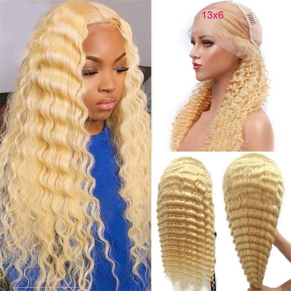 Unisex 613 Blonde Water Wave Lace Front Wig Human Hair 13X6 Preplucked With Baby Hair 18 Inch