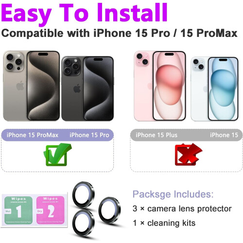 Προστατευτικό φακού κάμερας συμβατό με iPhone15Pro Max (6,7") και συμβατό με iPhone15Pro (6,1"), 1
