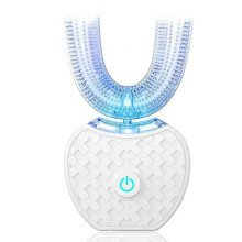 Spazzolino elettrico, spazzolino automatico, spazzolino sonico a forma di U per denti più bianchi con testine sostituibili, colore bianco.