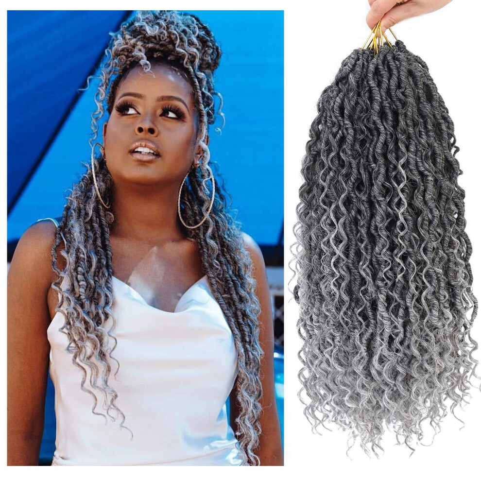 Unisex Gray Curly Faux Locs Crochet Hair 14 Inch Goddess Locs Extensions T1b Synthetic Braiding Hair 3 Packs