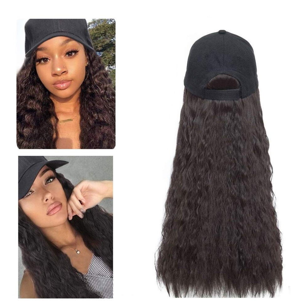 Wig Hat Baseball Cap with Long Wavy Hair Extensions Adjustable Fit Synthetic Brown Black