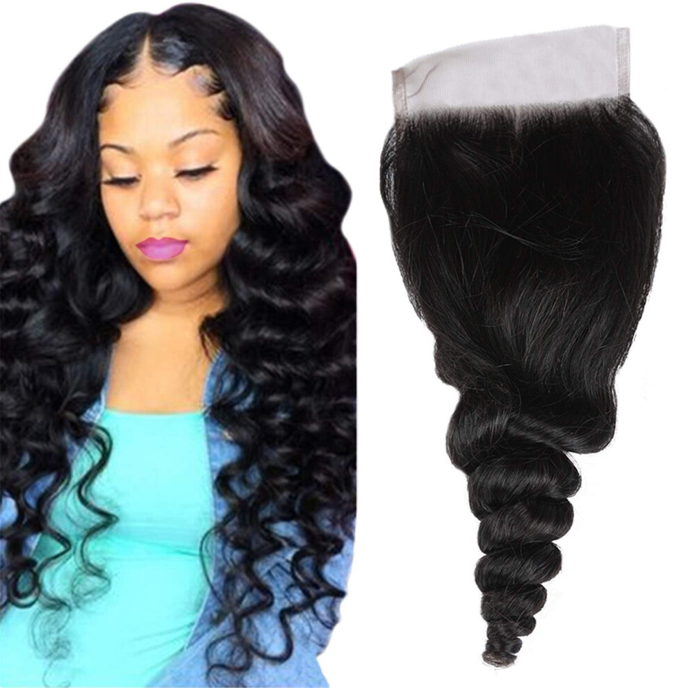 16 Inch Virgin Human Hair Wig Natural Black Loose Lace Closure Middle Part, Dye and Perm Friendly