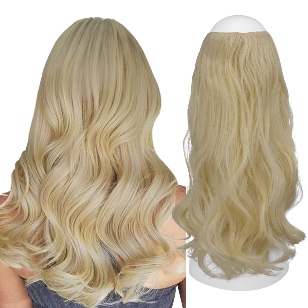 Unisex Bleach Blonde Curly Halo Wire Hair Extensions 18 Inch Synthetic Hairpiece Invisible Wire Design