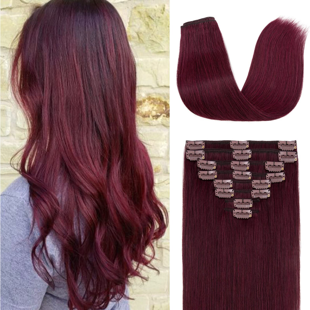 18 Inch Burgundy Clip in Human Hair Extensions #99J Remy for Instant Volume and Length