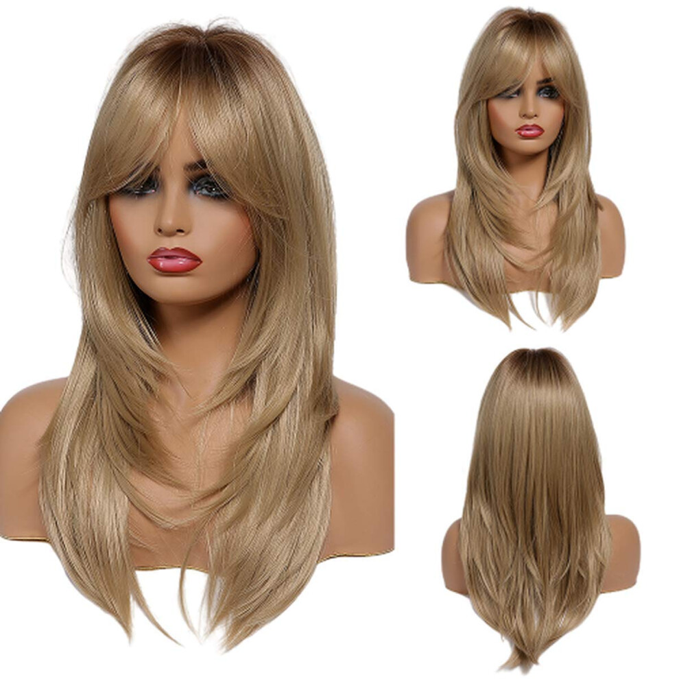 Unisex Blonde Synthetic Wig With Bangs For Women, Medium Length Heat Resistant Fiber, Natural Look
