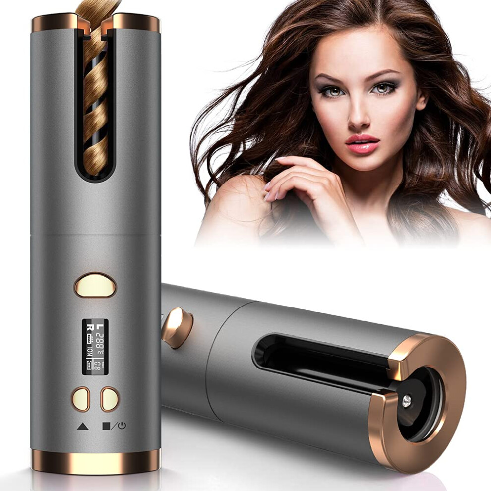Cordless Hair Curler Automatic Curling Iron with Ceramic Barrel, Rechargeable, Adjustable Heat and Timer Settings