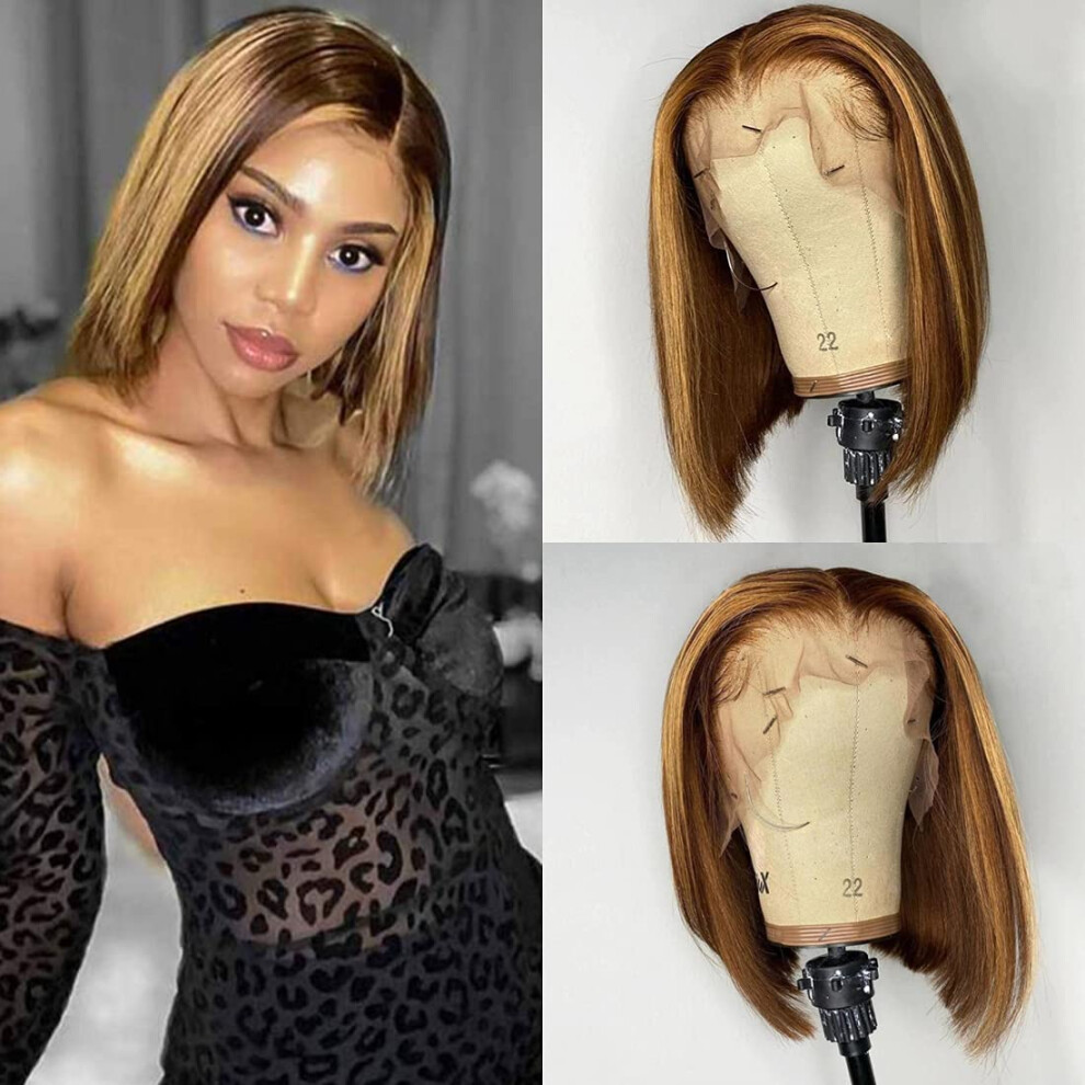 Unisex Highlight Ombre Human Hair Bob Wig 13X6x1 Lace Front Pre Plucked Brazilian Virgin Hair 10 Inch