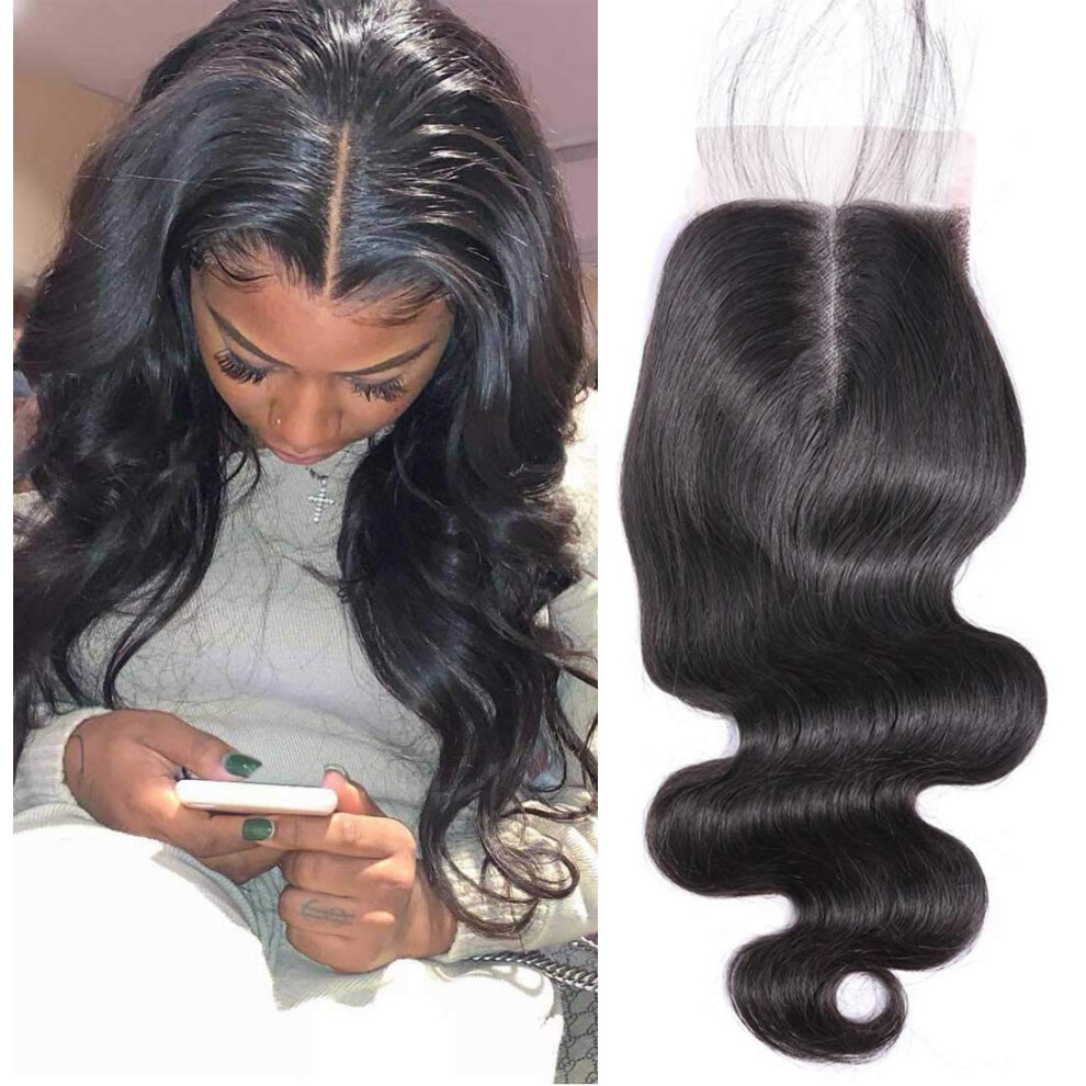 Unisex Brazilian Virgin Hair Lace Closure 4X4 Middle Part Body Wave Remy Human Hair 9A Natural 12Inch