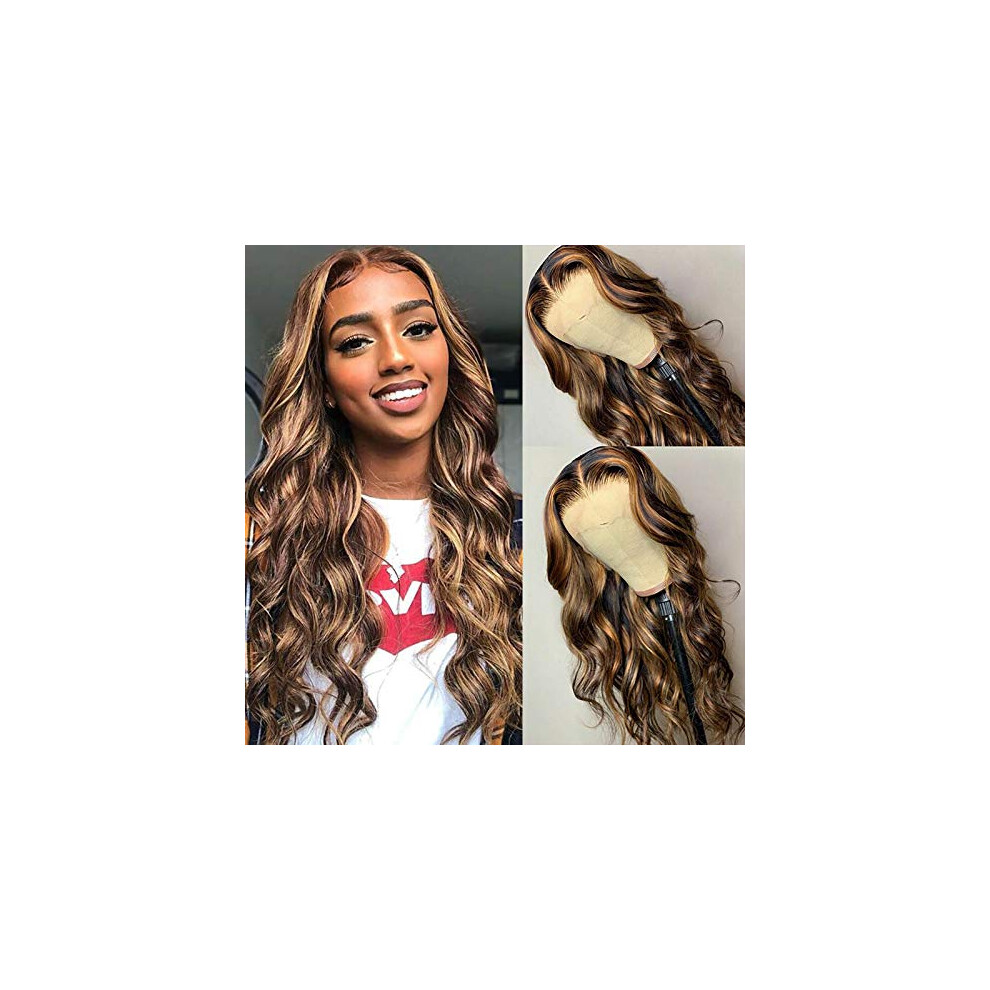 Unisex Brown Highlight Blonde Body Wave 13X4 Lace Front Human Hair Wig Pre Plucked Remy Hair 18Inch