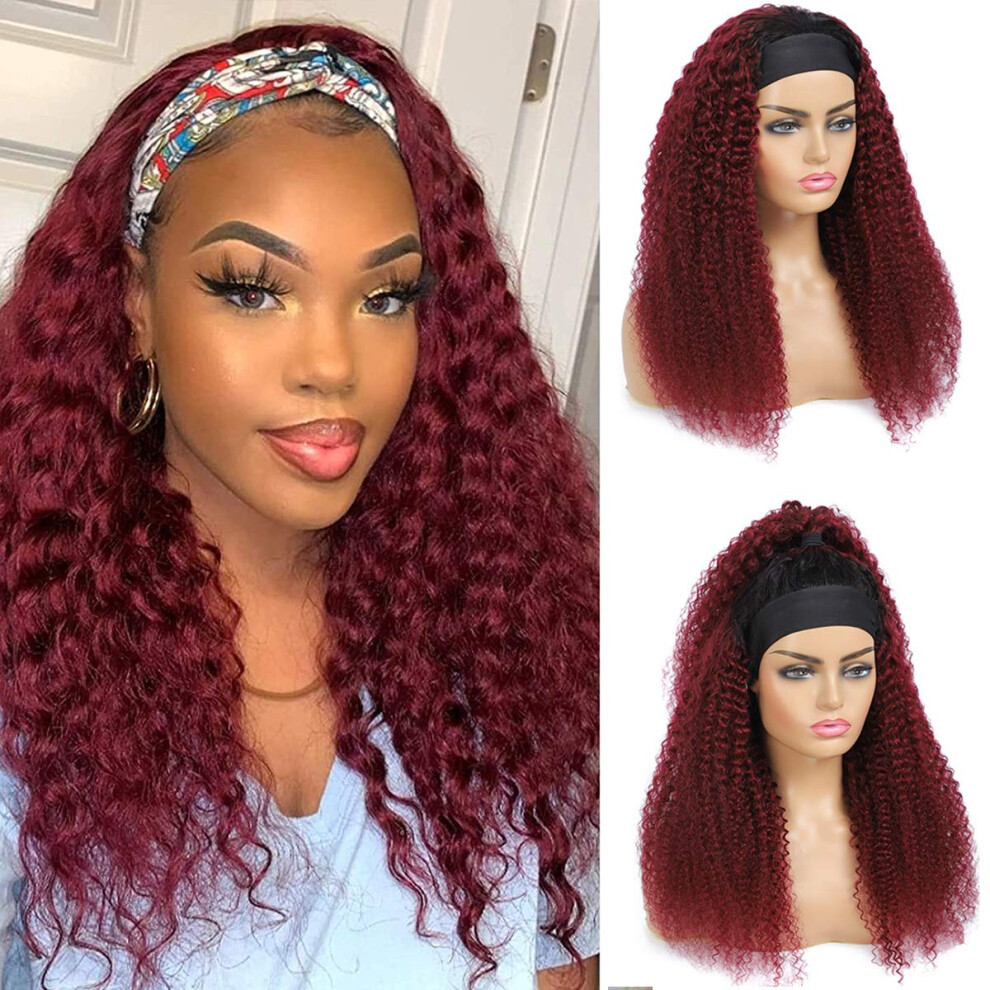 Curly Headband Wig for Black Women, 20' Black to Burgundy Human Hair, Natural Wave Glue Fit