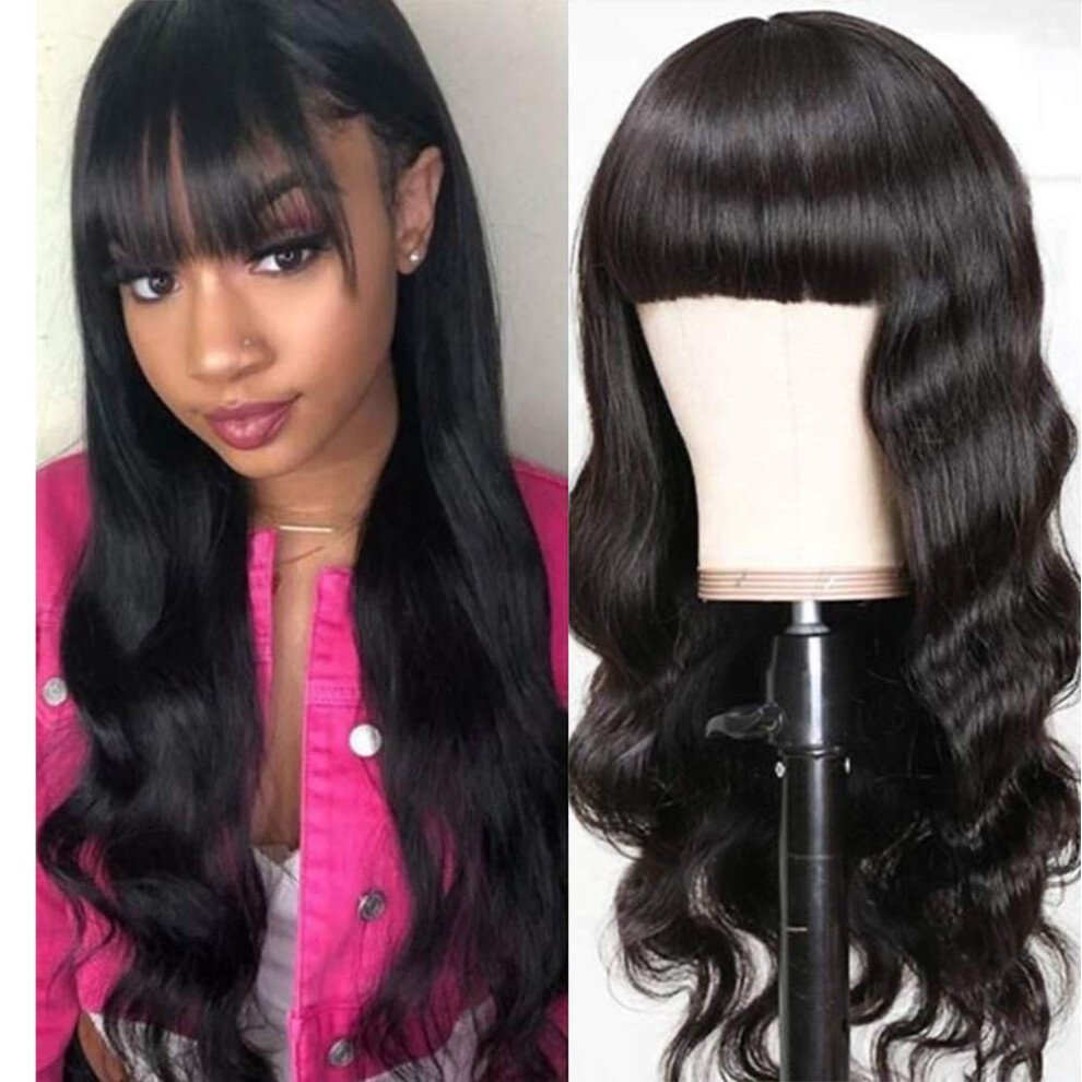 Unisex Black Long Wavy Brazilian Human Hair Wig With Bangs 150% Density Glueless Natural For Women