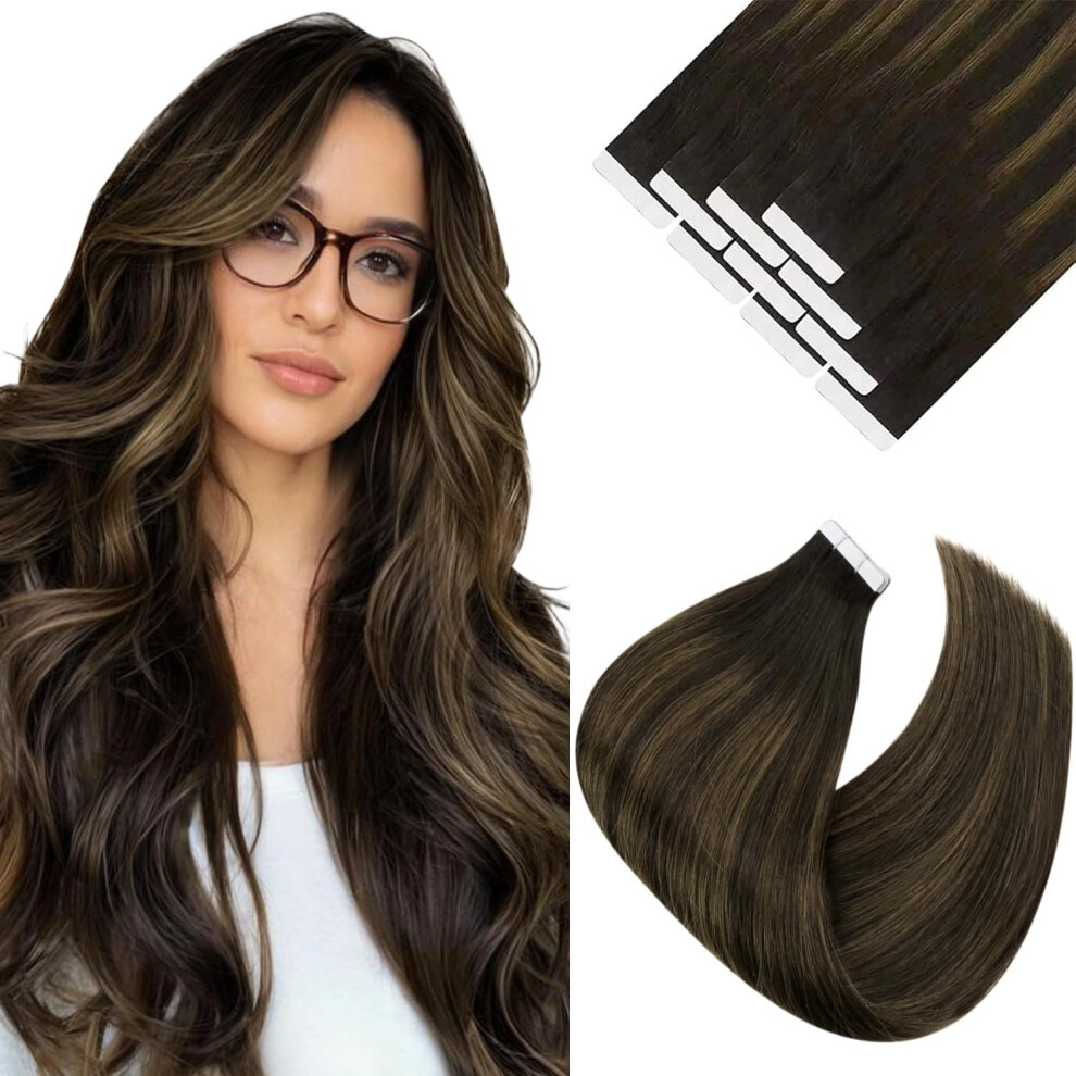 Unisex Brown Tape In Human Hair Extensions Invisible Remy Dark Ombre Balayage 22 Inch 10 Pcs 25G