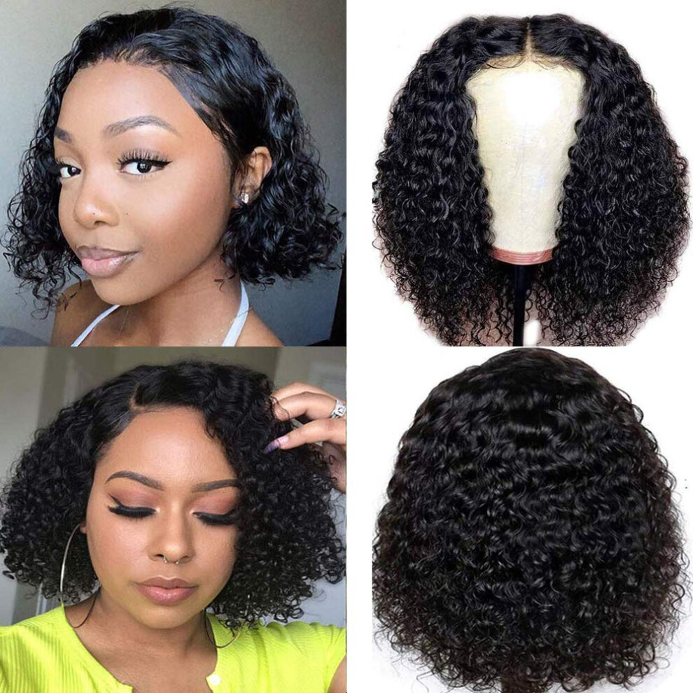 Unisex Human Hair Bob Wig 150% Density Brazilian Curly Lace Closure Glueless Natural Hairline 12In