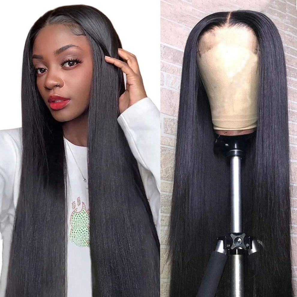 Unisex Black Human Hair Lace Front Wig 4X4 Pre Plucked Brazilian Straight 150% Density Glueless For Women