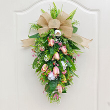 Preciosa corona de primavera/verano de Comy para la puerta principal, flores artificiales con tulipanes rosas, hortensias y hojas verdes, decoración