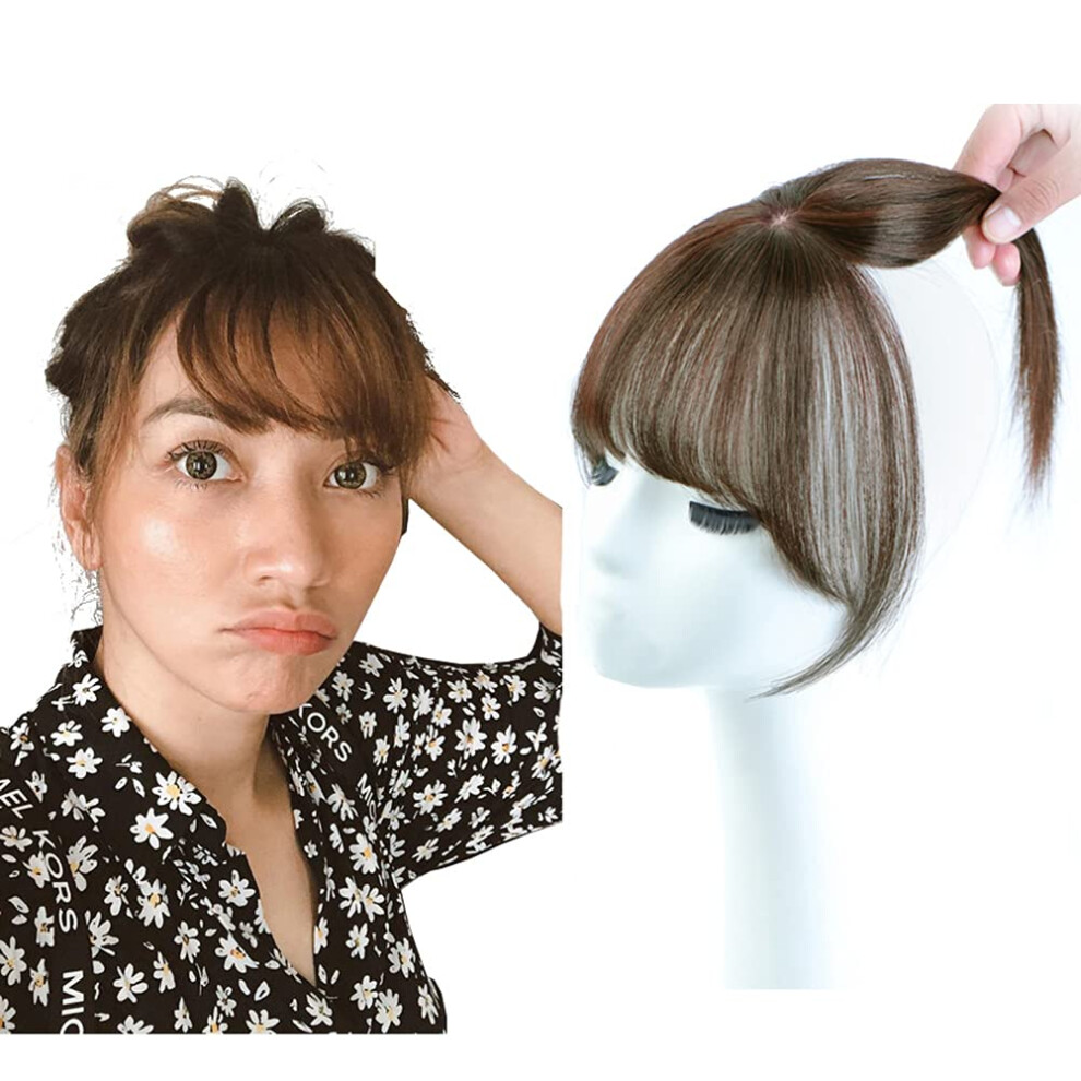 Unisex Brown Clip In Hair Topper With Bangs Human Hair Toupee For Women Natural Volume Boost Dark 5X7cm