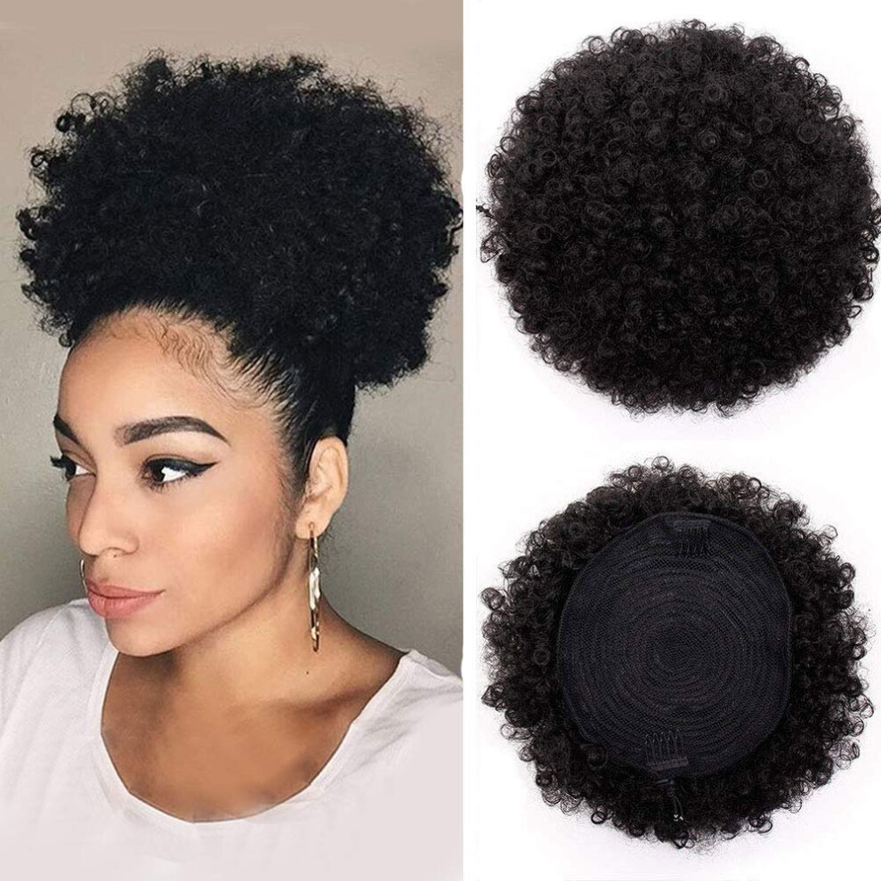 Unisex Short Synthetic Afro Puff Ponytail With Natural Curl Texture, Kinky Curly Drawstring Hairpiece For Women