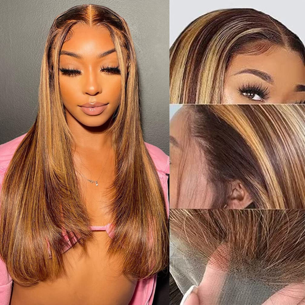 Unisex Black Human Hair Lace Front Wig 13X1 T Part Ombre Honey Blonde Highlight Pre Plucked For Women