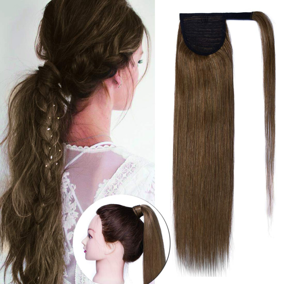 Unisex Brown 16 Inch Light Human Hair Ponytail Extension Wrap Around Remy Hair For Women