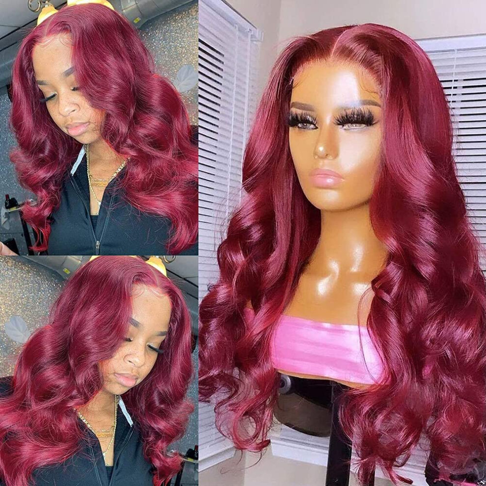 14 Inch 99J Lace Front Wig Brazilian Human Hair, 150 Density Body Wave, PrePlucked 13x4