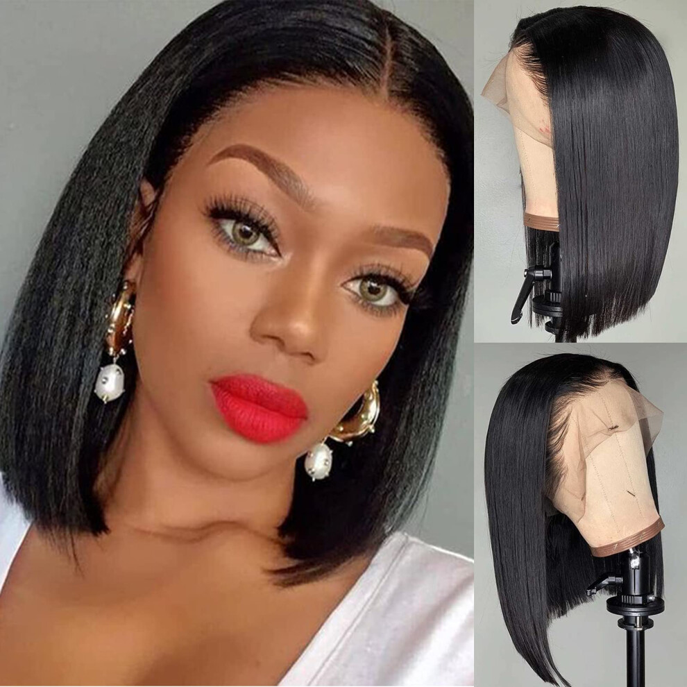 Unisex Black Human Hair Lace Front Wig 13X4x1 Brazilian Virgin Short Bob For Women Natural Hairline 10 Inch