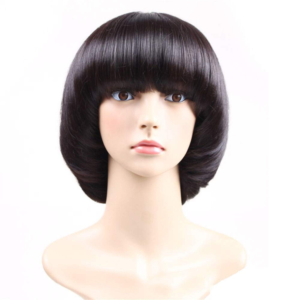 Short Straight Bob Wig with Bangs, Heat Resistant Synthetic Fiber, Breathable Mesh Cap