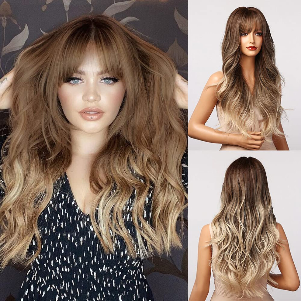 Unisex Brown Long Ombre Wavy Wig With Bangs, 24 Inch Ash Blonde Synthetic Hair For Women