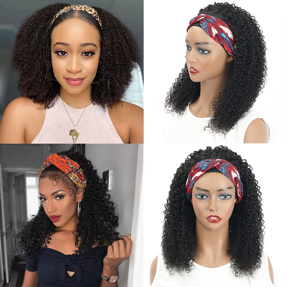 Unisex Black Headband Wig Human Hair Natural Afro Kinky Curly Glueless Brazilian Virgin Hair For Women 14 Inch 150% Density