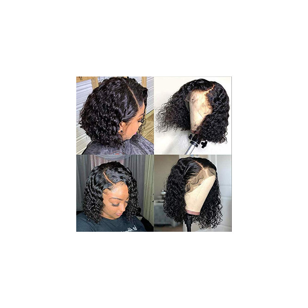 Unisex Black 13X4 Lace Front Curly Bob Wig Human Hair 8 Inch Pre Plucked Natural Hairline For Women