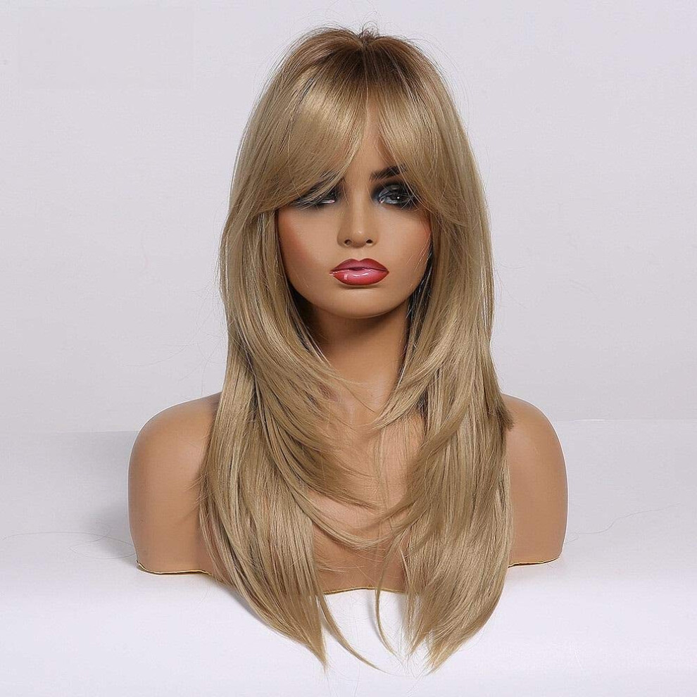 Unisex Brown Long Layered Wavy Wig With Bangs Heat Resistant Synthetic Wigs For Women Cosplay