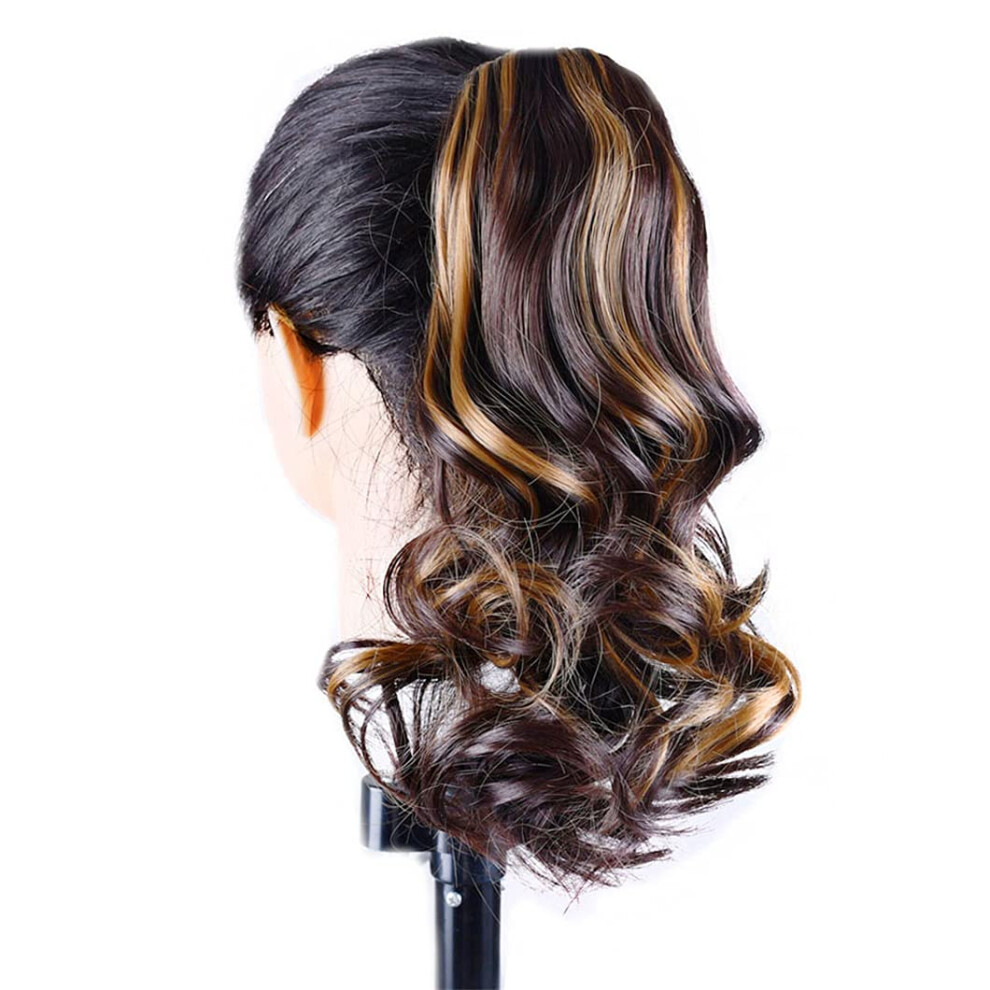 Unisex Black,Brown Ponytail Hair Extension Short Wavy Heat Resistant Synthetic Clipon 16In Brown Black Hairpiece