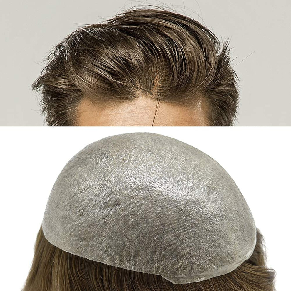 Unisex Mens Toupee Ultra Thin Skin Hair Replacement System With Invisible Hairline 100% Human Hair 8X10