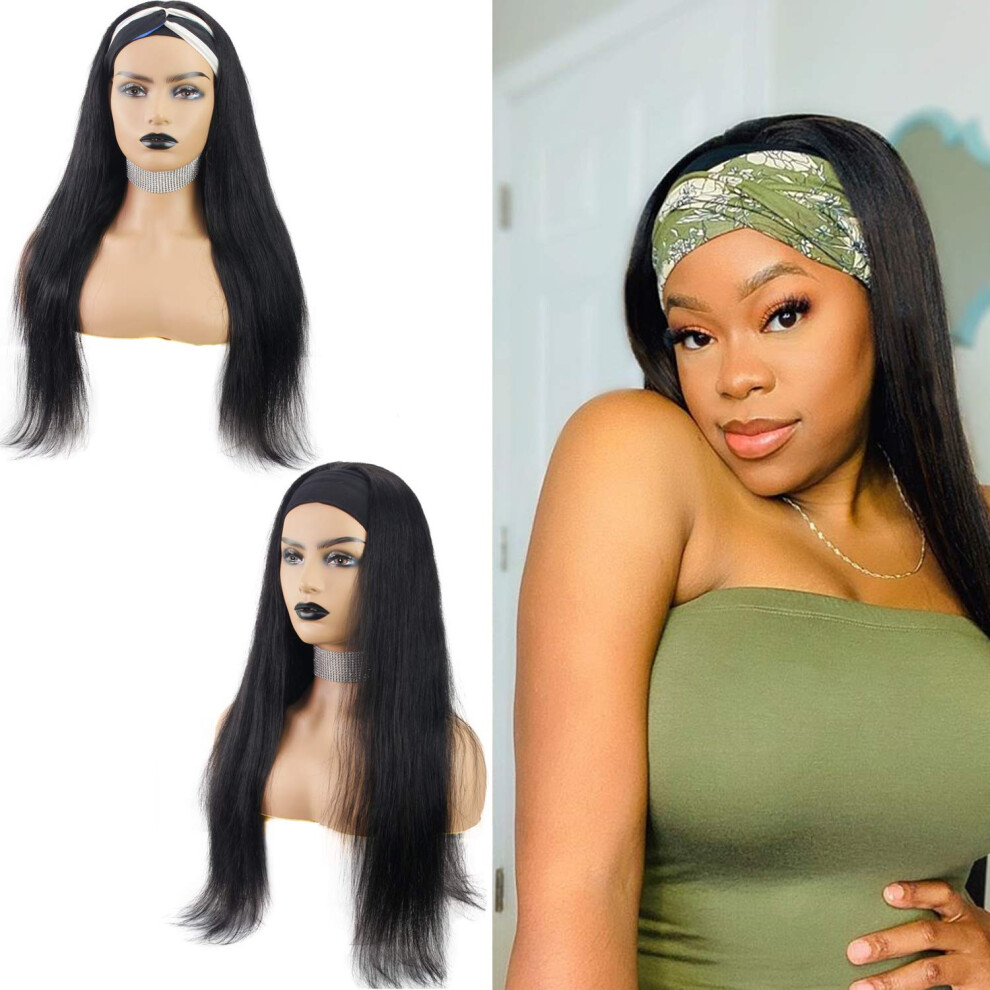 Unisex Black Brazilian Virgin Silk Straight Glueless Human Hair Headband Wig Natural 14Inch 150% Density