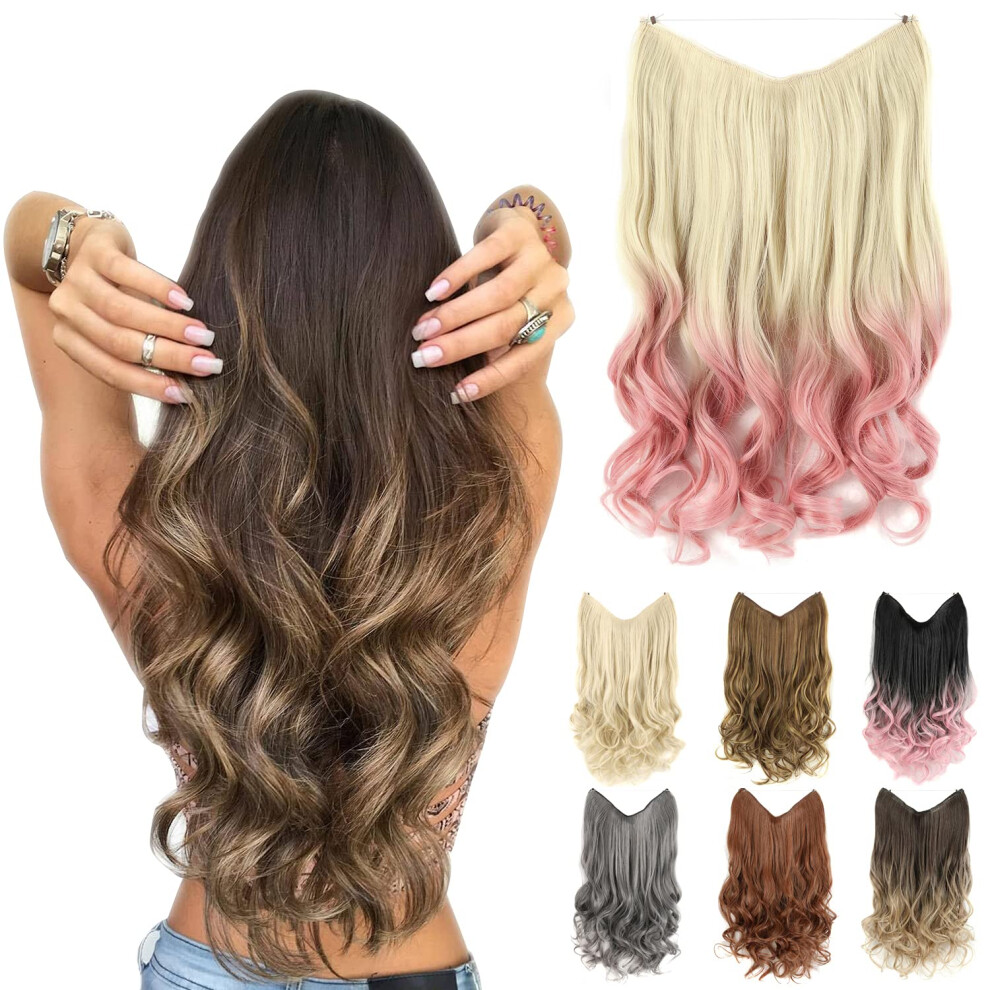 Unisex Pink 24 Inch Halo Hair Extensions Synthetic Curly Wavy Bleach Blonde Ombre With Invisible Wire Adjustable Fit For Women