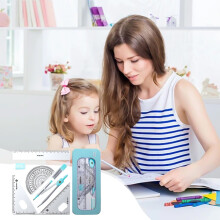 Math Geometry Kit 7-Piece Student Supplies Set with Shatterproof Storage Box Including Ruler, Protractor, Eraser, Lead Leads, Pencils for Drawing