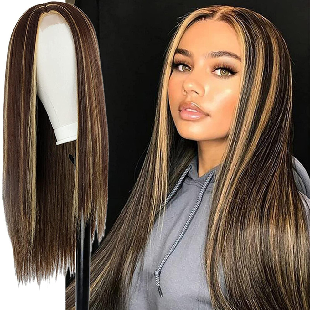 Unisex Brown Synthetic Long Wig 24 Inch Straight Blonde Highlight Heat Resistant Middle Part For Women