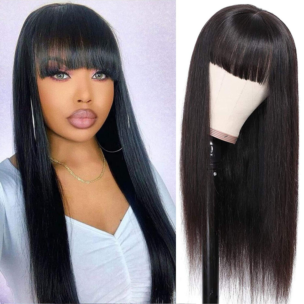 Unisex Black 24 Inch Brazilian Remy Human Hair Wig With Bangs, 150% Density, Glueless, Natural