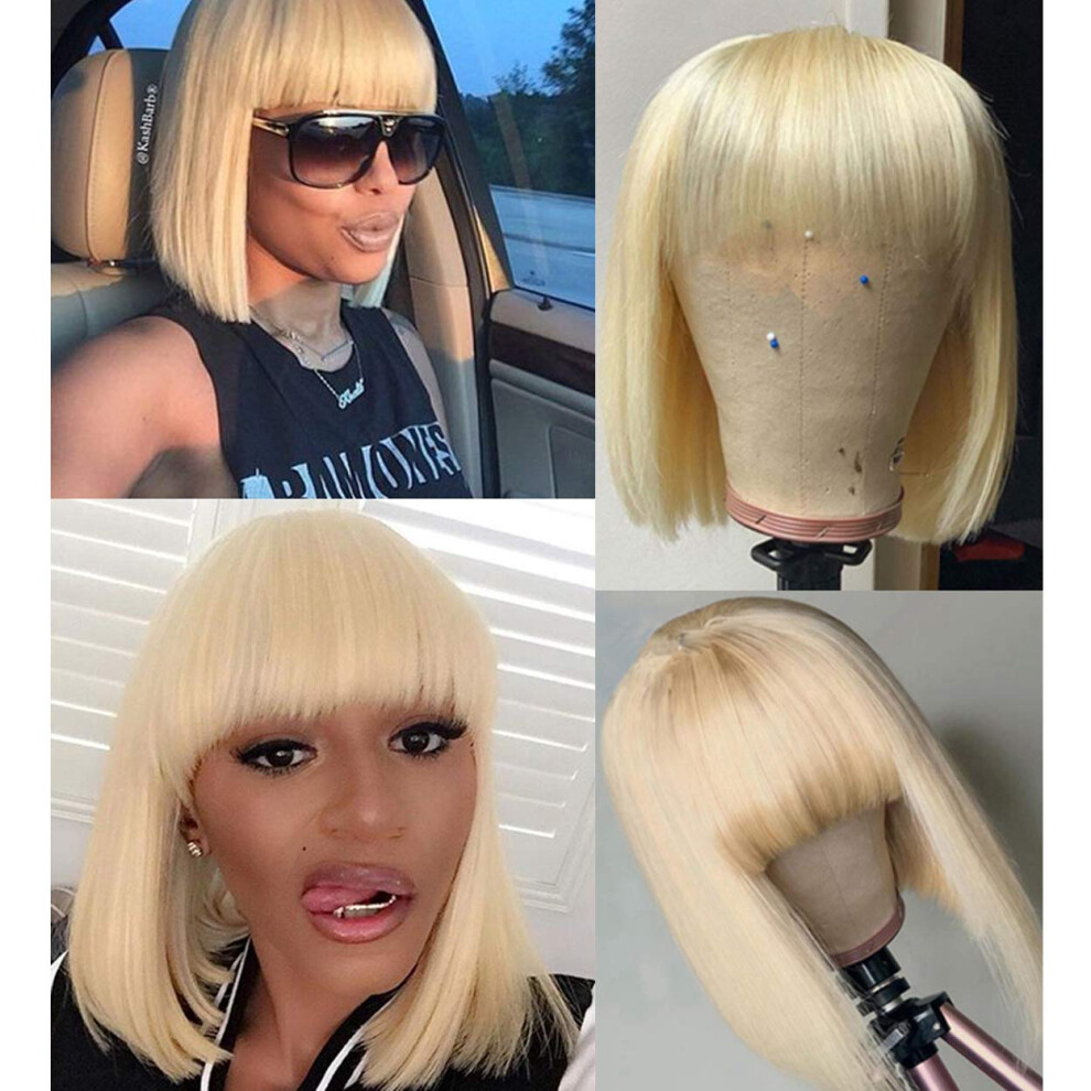 613 Blonde Human Hair Wig with Bangs 150% Density Glueless Brazilian Silky Straight for Black Women