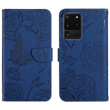 Shockproof Leather Case Compatible with Samsung Galaxy S20 Ultra, PU Flip Cover with Flowers & Butterflies, Anti-drop Protection & Wrist Strap