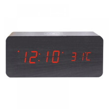 Digital väckarklocka i trä med trådlös laddning, LED-display med 3 larm, snooze, ljudkontroll, justerbar ljusstyrka, tillverkad i trä för sovrum