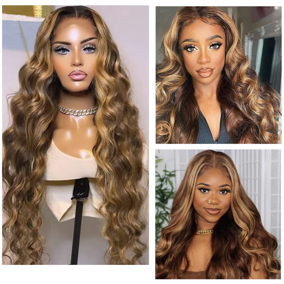 Unisex Black Human Hair Lace Front Wig Blonde Highlight Body Wave Pre Plucked Glueless Brazilian Virgin Hair For Women 150% Density 20 Inch
