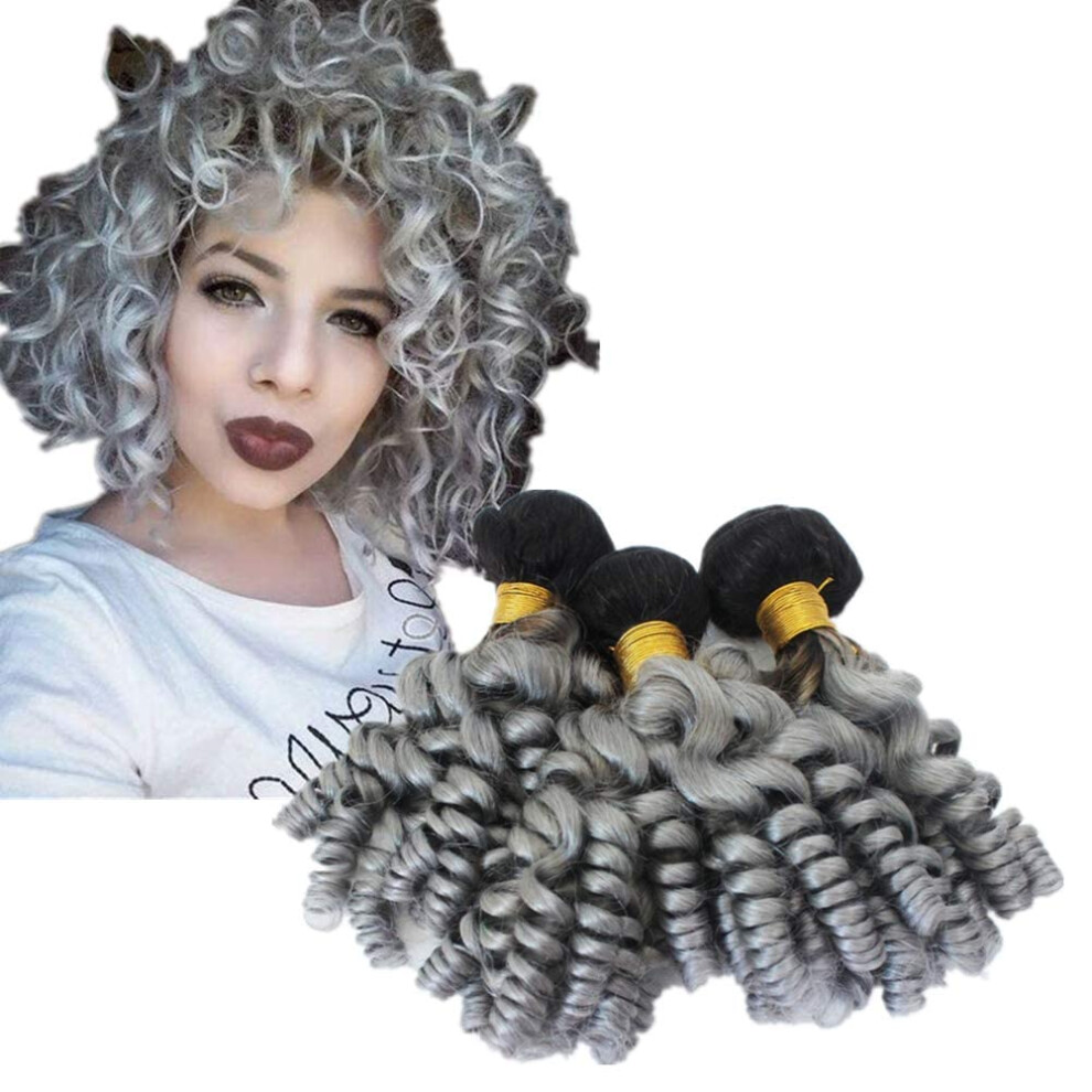 Unisex Silver,Grey Virgin Human Hair Extensions Ombre Dark Roots Silver Grey 3 Bundles Curly Double Weft 22'
