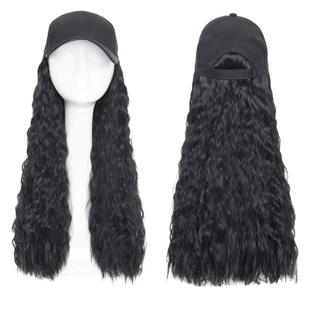 Unisex Black 18 Inch Baseball Cap Wig With Wavy Synthetic Hair For Women, Adjustable Strap, Natural Look